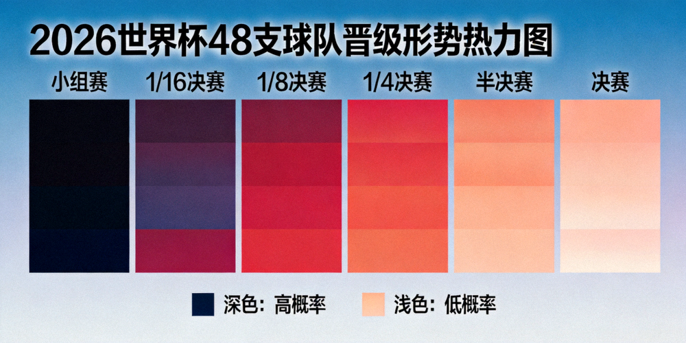 2026世界杯48支球队晋级形势热力图 - 颜色深浅表示各阶段晋级概率