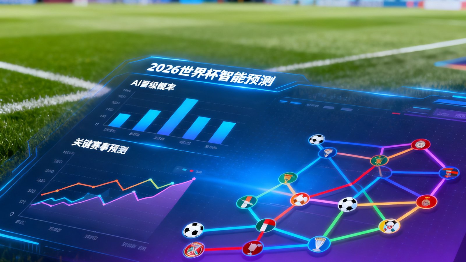 2026世界杯预测网英雄图：球场背景上叠加AI分析数据与晋级线路，展示智能预测氛围
